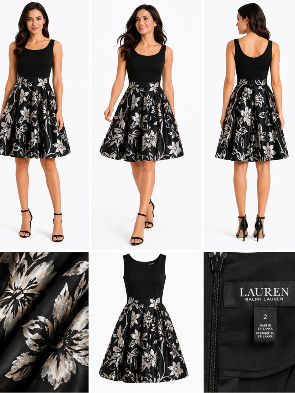 Lauren Ralph Lauren Black Floral Jacquard Fit Flare Dress Sz 2 Sleeveless Party - Picture 4 of 11
